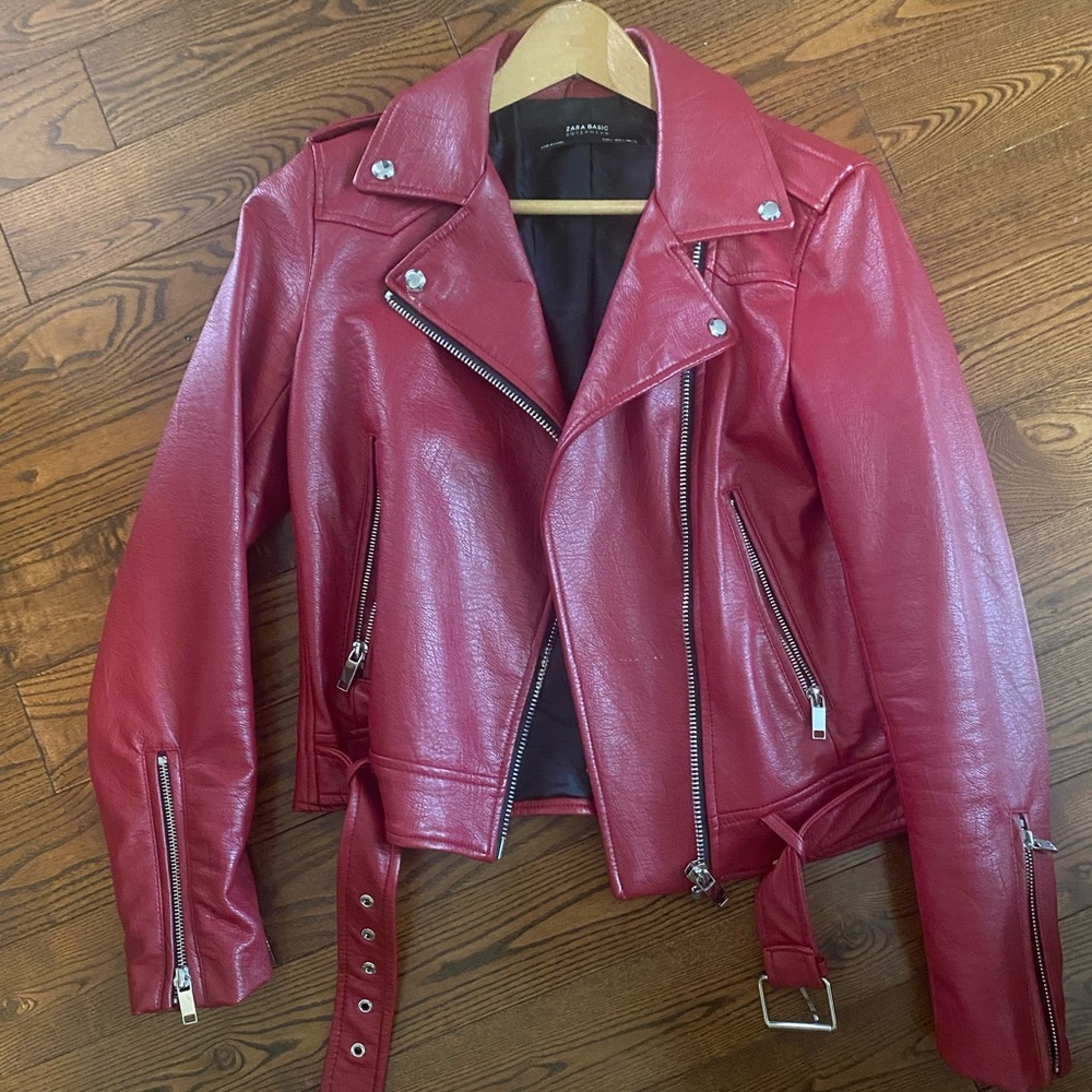 Zara red leather motto jacket